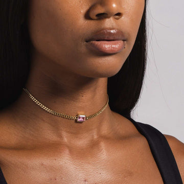 Micro Cuban Necklace w/ Pink Stone in Yellow Gold - The GLD Shop