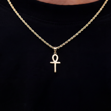 Micro Simple Ankh Cross Pendant + 2MM Rope Chain Bundle in Yellow Gold