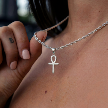 Micro Simple Ankh Cross Pendant + 2MM Rope Necklace Bundle in White Gold