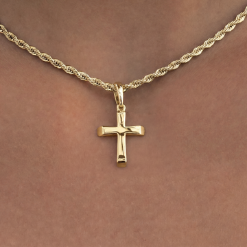 Micro Simple Cross Pendant + 2MM Rope Necklace Bundle in Yellow Gold