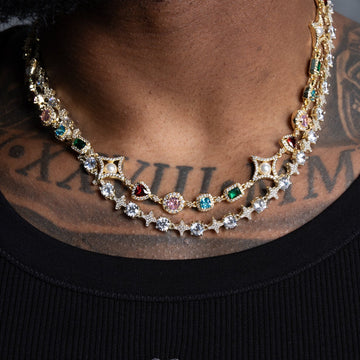 Colored Gemstone Pearl + Round Stone Star Tennis Chain in Yellow Gold Bundle