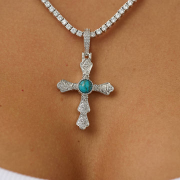 Turquoise Western Cross Pendant in White Gold