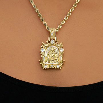 Iced Medieval Madonna and Child Pendant in Yellow Gold