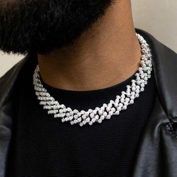Collar cubano de 19 mm con racimo de diamantes - Oro blanco