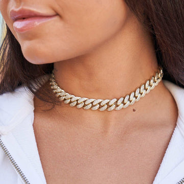 Gargantilla eslabón cubano de diamante en oro amarillo - 12mm