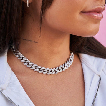 Gargantilla de eslabones cubanos de diamante en oro blanco - 12 mm