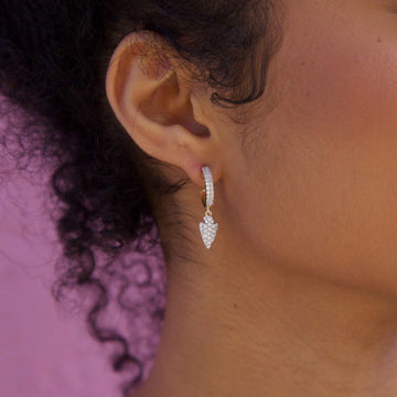 Iced Arrow Head Drop Hoop Huggie Earring - Yellow Gold