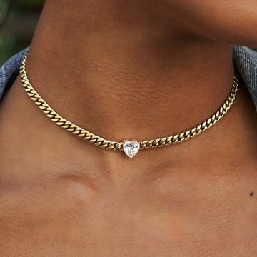 Collar cubano Crystal Heart de oro amarillo