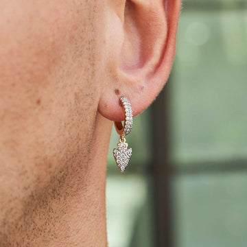 Iced Arrow Head Drop Hoop Huggie Earrings - Yellow Gold