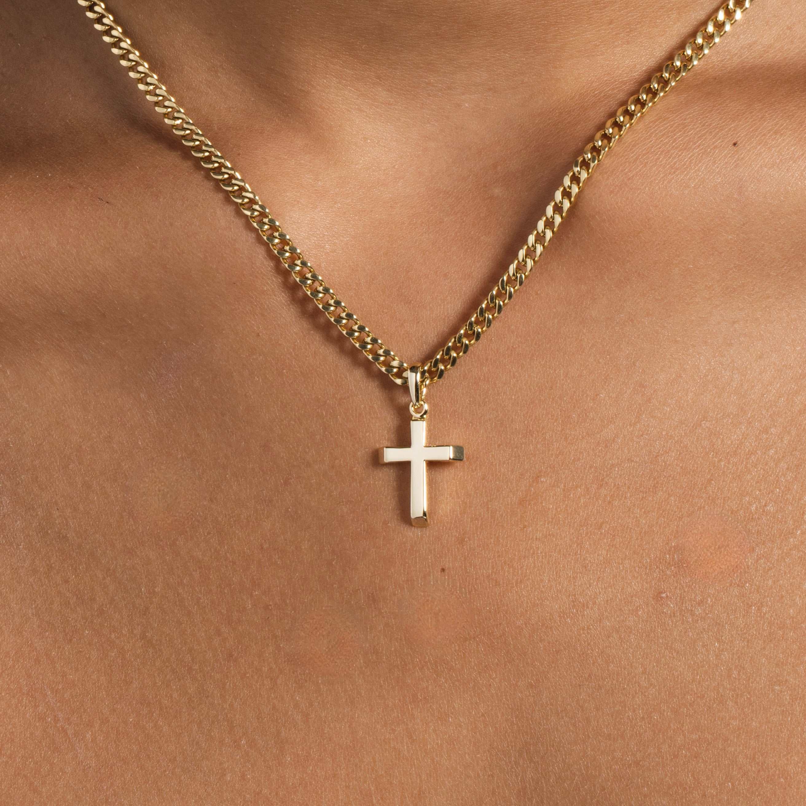 H&J Jewelry 18-36 Inch Gold Plated Stainless Steel Cuban Chain With Plain Cross Pendant – For Men