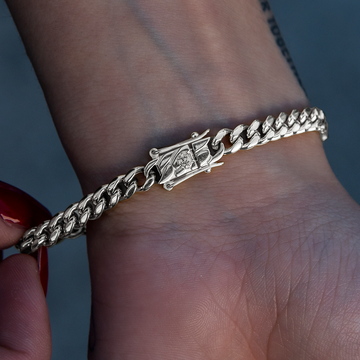 Round Stone Station Cuban Bracelet in White Gold