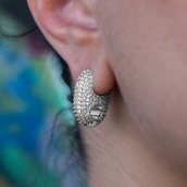 Diamond Puffed Mariner Hoop Earrings in White Gold