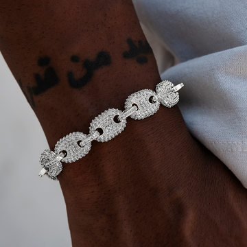 Pulsera de eslabones marineros inflados con diamantes en oro blanco - 12 mm