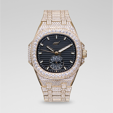 39MM Visionary Fully Iced Case & Black Dial Watch - Yellow Gold