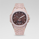 Reloj de 39MM Visionary con caja completamente cubierta de hielo y esfera chocolate - Oro rosa