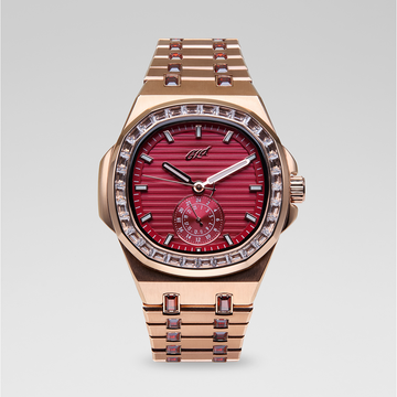 39MM Visionary Iced Ruby Stone Steel Band Watch - Rose Gold