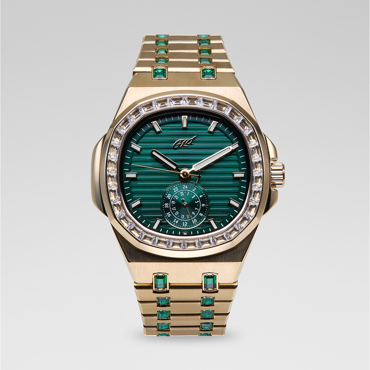 39MM Visionary Gold Watch with Green Dial & Emerald Band | GLD