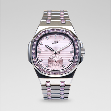39MM Visionary Iced Pink Stone Band Watch - White Gold
