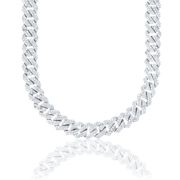 Women's Moissanite Diamond Prong Cuban Chain in White Gold Vermeil - 12mm