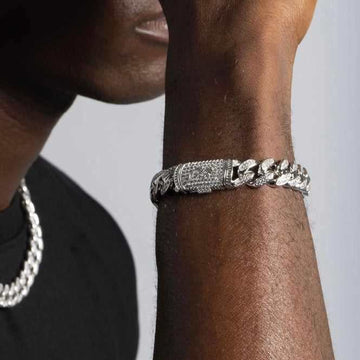 Paquete de Cadena Cubana y Pulsera de Diamantes en Oro Blanco - 12mm