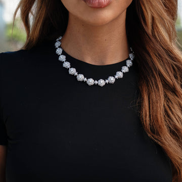 Iced Clustered Pearl Flower Necklace in White Gold - 12MM