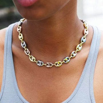 Puffed Mariner Chain Necklace in Yellow, Rose, and White Gold - 12mm