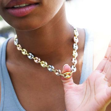 Collar de cadena marinera hueca en oro amarillo, rosa y blanco - 12 mm
