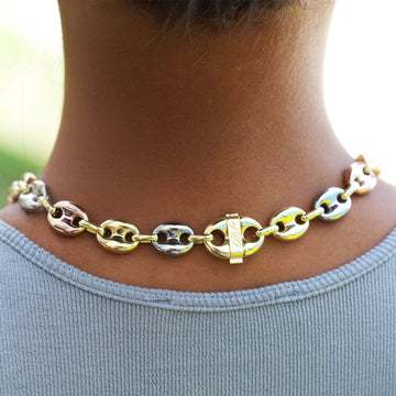 Collar de cadena marinera hueca en oro amarillo, rosa y blanco - 12 mm