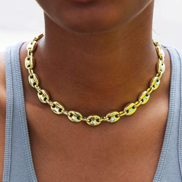 Collar de cadena de eslabones mariner inflados en oro amarillo - 12 mm