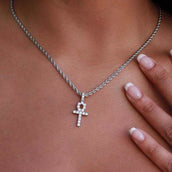 Solid White Gold Micro Ankh Cross Pendant-VS Diamonds