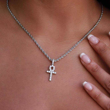 Solid White Gold Micro Ankh Cross Pendant-VS Diamonds