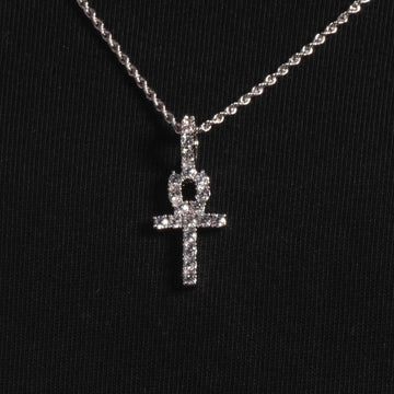 Solid White Gold Micro Ankh Cross Pendant-VS Diamonds
