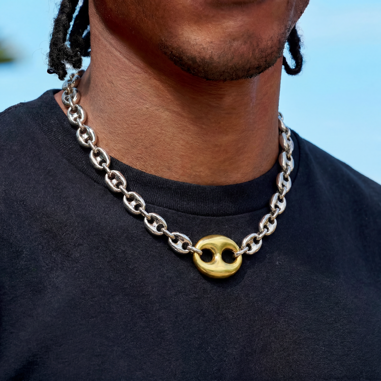 Two Tone Large Link Puffed Mariner Chain Necklace in White