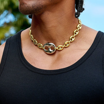 Two Tone Large Link Puffed Mariner Chain in Yellow & White Gold - 15mm
