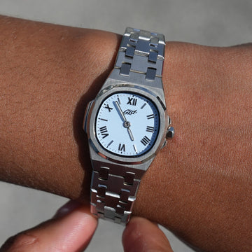 Reloj Mini Visionary de 25 mm con correa de acero inoxidable - Oro blanco - Esfera azul Pantone