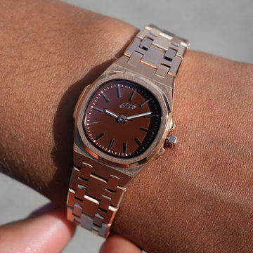 Reloj Mini Visionary de 25 mm con correa de acero inoxidable - Oro rosa - Esfera marrón chocolate