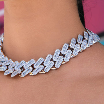 Diamond Baguette Tight Link Cuban Chain Necklace in White Gold - 19mm