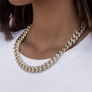 Cadena cubana de eslabones de oro amarillo con diamantes - 12 mm