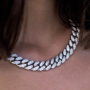 Cadena cubana con eslabones de diamante en oro blanco - 12 mm