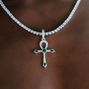 Emerald Stone Ankh Cross Pendant in White Gold