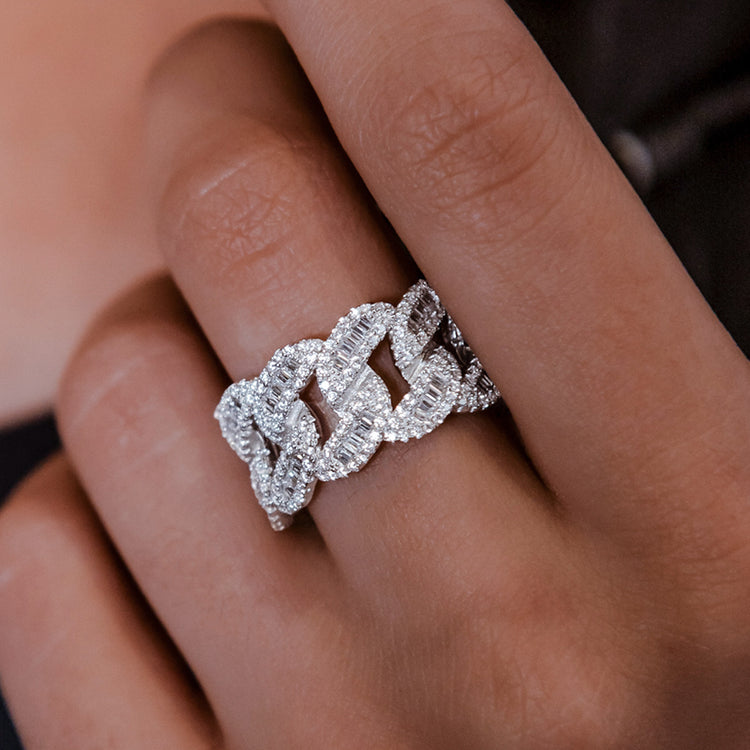 Iced Baguette Cuban Ring in White Gold Vermeil