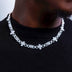 Cadenas cubanas de oro blanco con cruces de baguette, ojo turco y eslabones de diamantes, más pulsera a juego