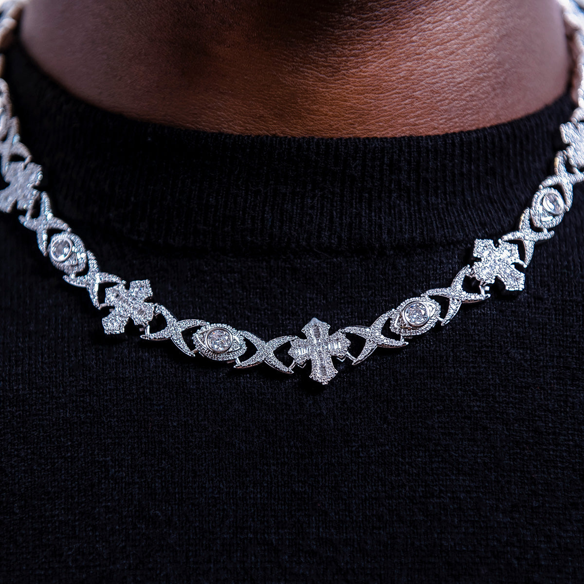 Baguette Cross Evil Eye Chain in White Gold - 16mm- The GLD Shop