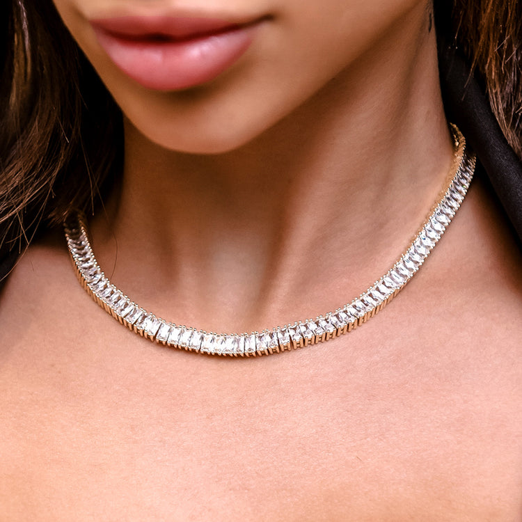Diamond Baguette Tennis Necklace in Yellow Gold- 6mm- The GLD Shop