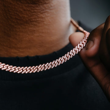 Cadena Cubana con Micro Pavé de Diamantes en Oro Rosa - 6 mm