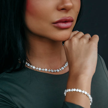 Round Stone Star Tennis Necklace + Bracelet Bundle in White Gold