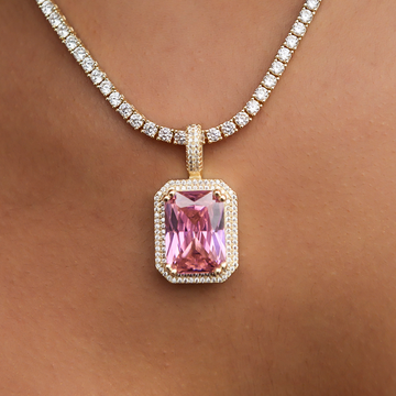 Large Iced Pave Pink Pendant - Yellow Gold