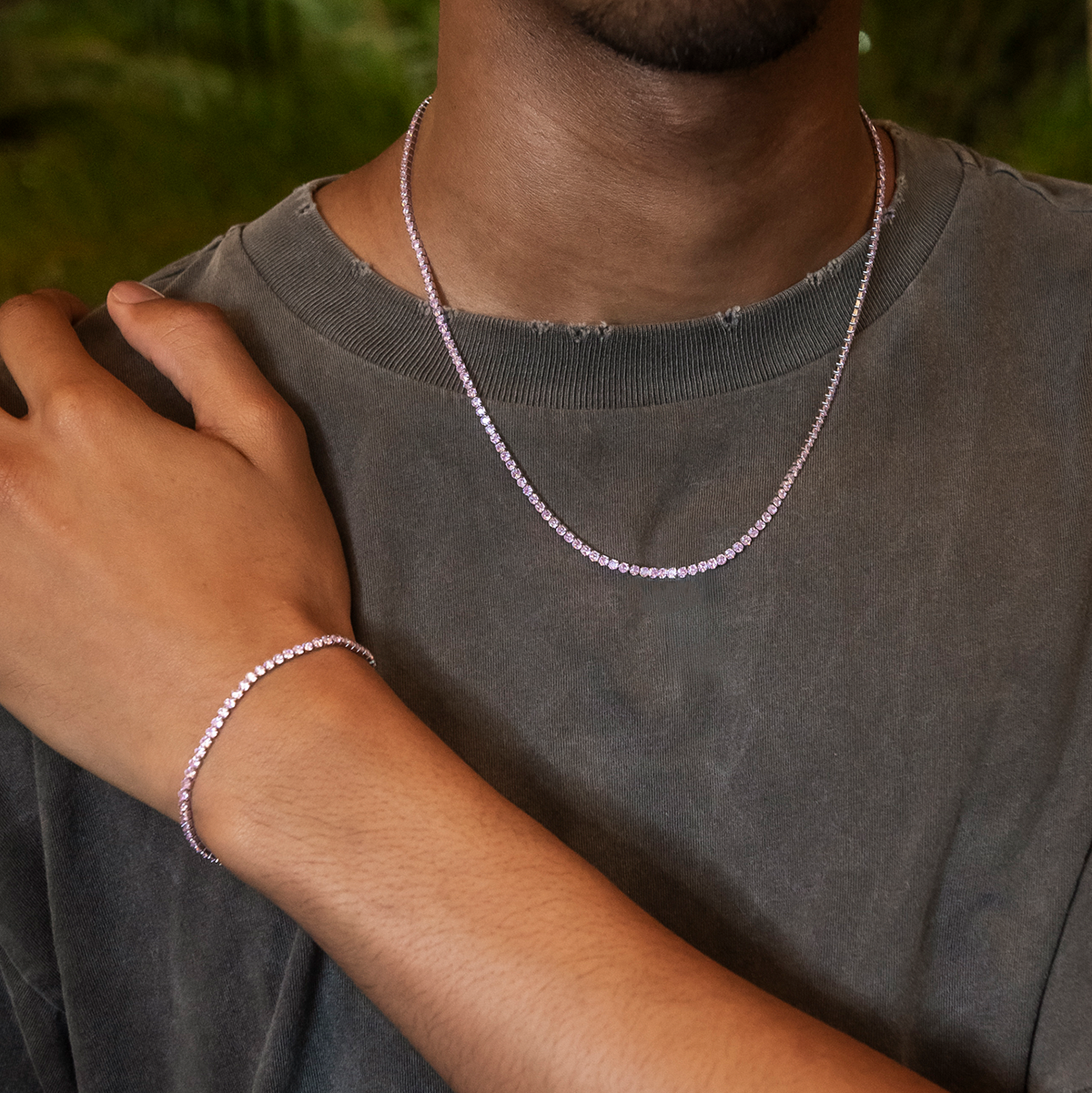 Pink Diamond Micro Tennis Chain + Bracelet Bundle in White Gold