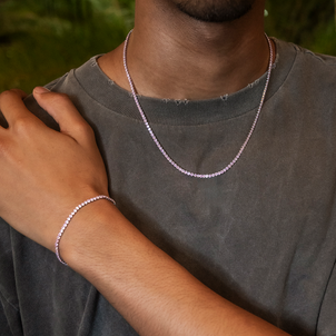 Pink Diamond Micro Tennis Chain + Bracelet Bundle in White Gold