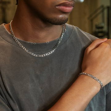 Figaro Chain + Bracelet Bundle in White Gold- 6mm